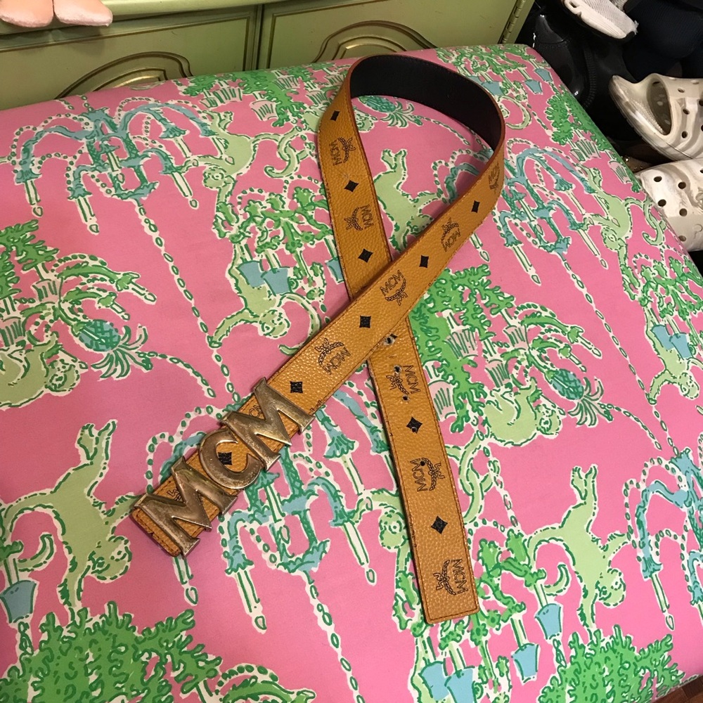 MCM Cognac Leather Logo Belt with Gold Buckle